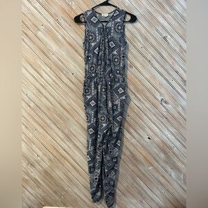 Elegant Navy Blue & White Patterned Jumpsuit Sleeveless Zipper V Neck Casual